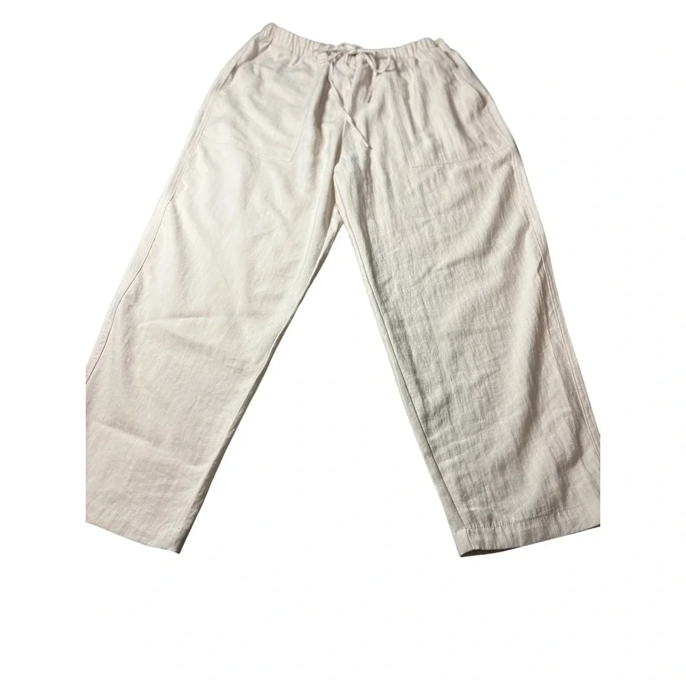 Zara Womens Beige Linen Blend Drawstring Elastic Waist Patch Pocket Pants Large